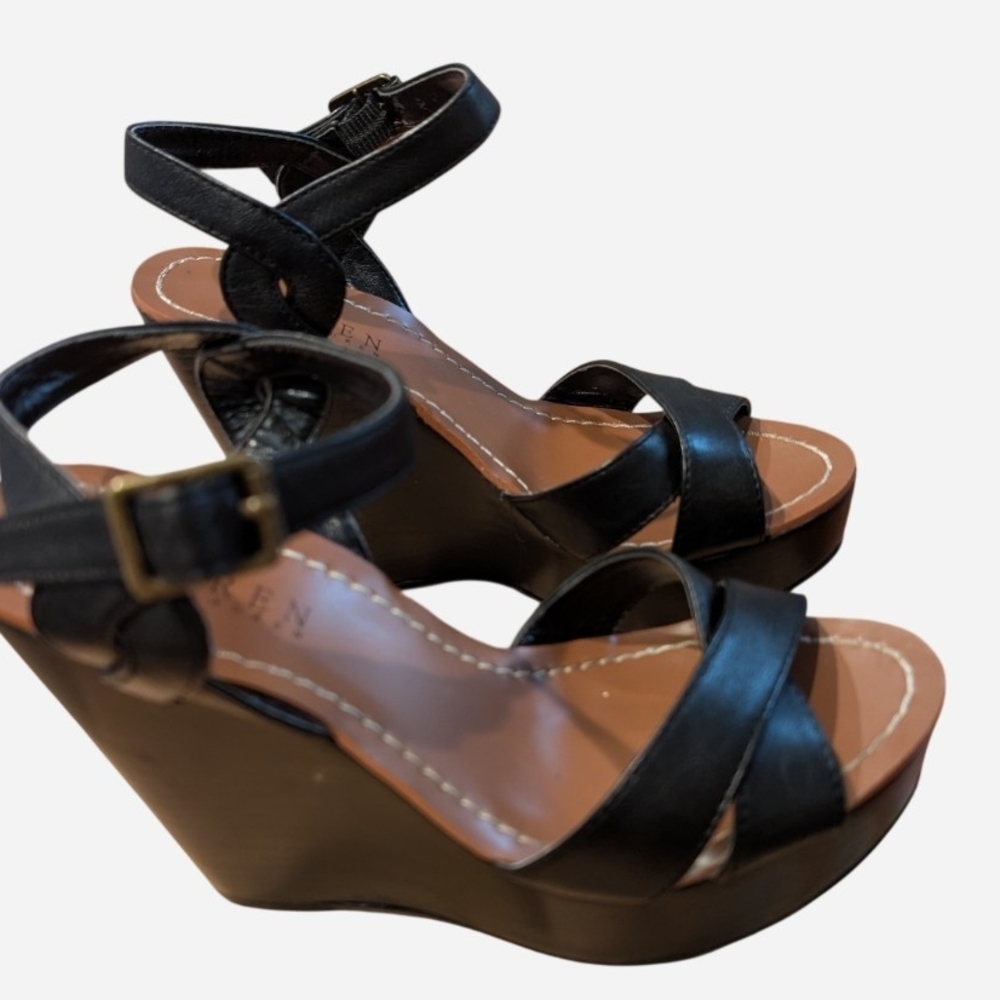 Lauren Ralph Lauren Black Leather Wedge Sandals